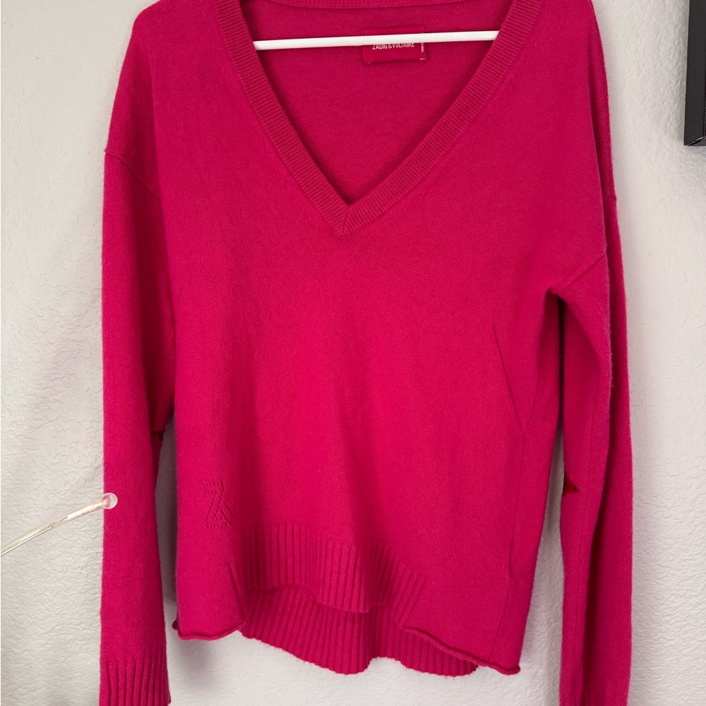 Zadig & Voltaire Fuchsia V-Neck Cashmere Sweater With Red Star Elbow Detail.